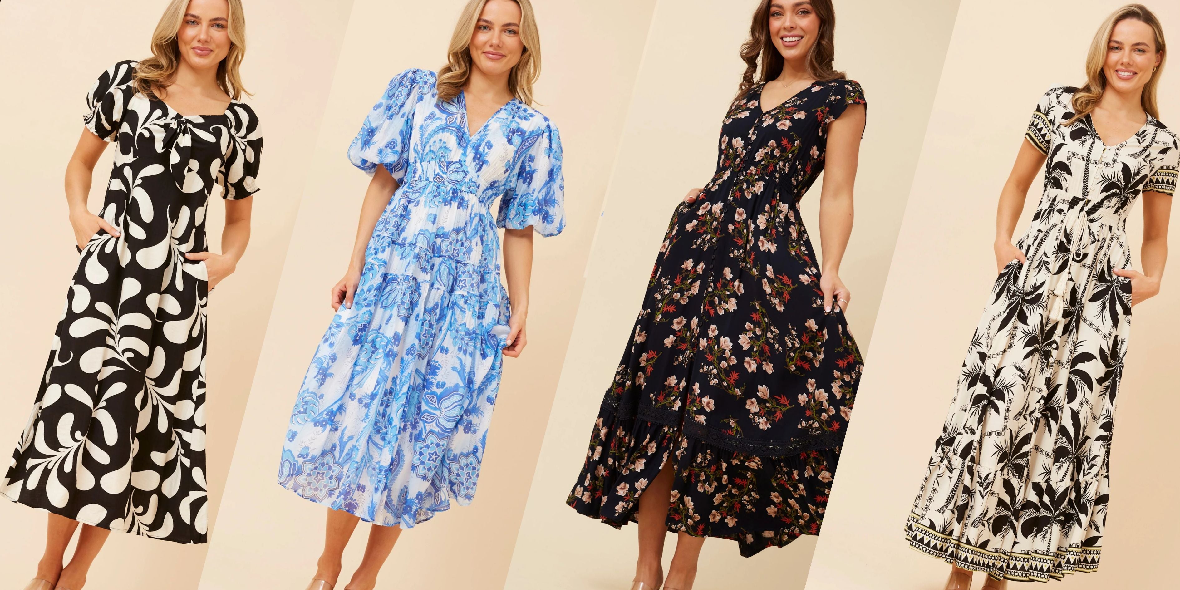 Four women wearing different patterned dresses on a plain background