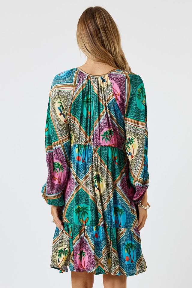 Lula Soul Windsor Tie Dress Pink Blue Green Palm S – Coastline Fashion
