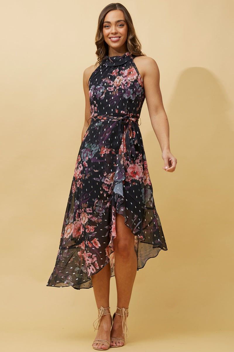 Caroline Morgan Sleeveless Halter Neck Foil  Floral Print Dress with Frill Detail