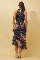 Caroline Morgan Sleeveless Halter Neck Foil  Floral Print Dress with Frill Detail