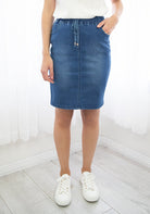 Country Denim Mid Blue Denim Knee Length Drawstring Skirt Denim