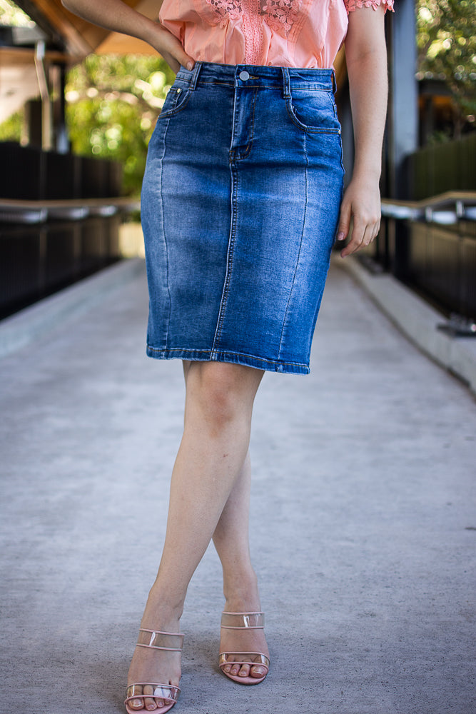 Panel best sale denim skirt