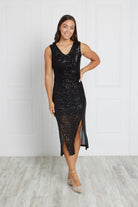 Caroline Morgan Sleeveless Sequin Dress wtih Front Splits