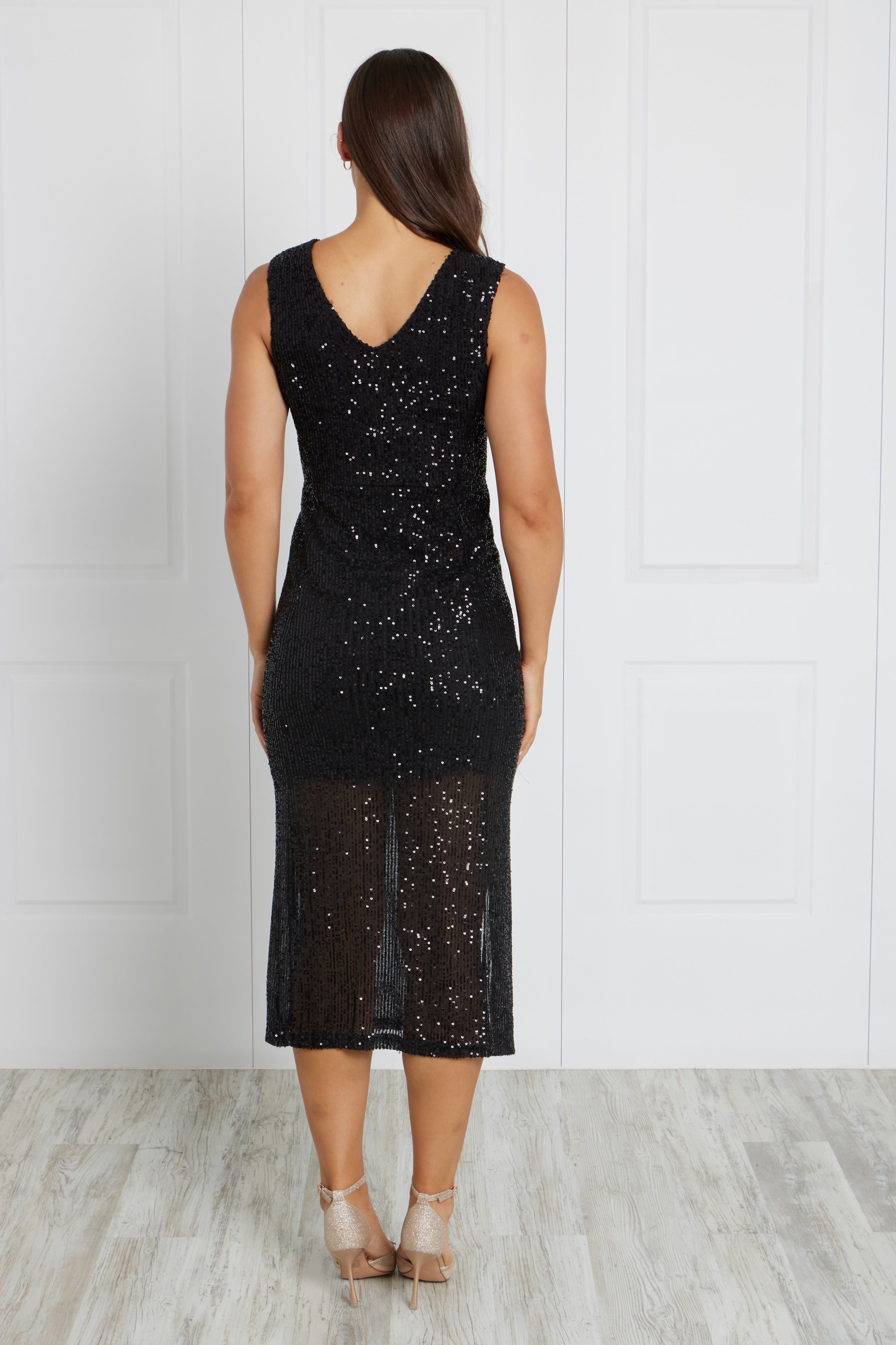 Caroline Morgan Sleeveless Sequin Dress wtih Front Splits